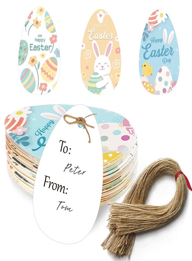 Aukolass 48pcs Happy Easter Gift Tags Colorful Easter Bunny Egg Paper Tags with Strings for Easter Spring Party Favor Decoration Supplies - Image 1